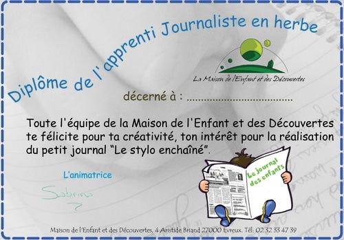 Diplôme pour le Stage Journaliste en herbe en 2015